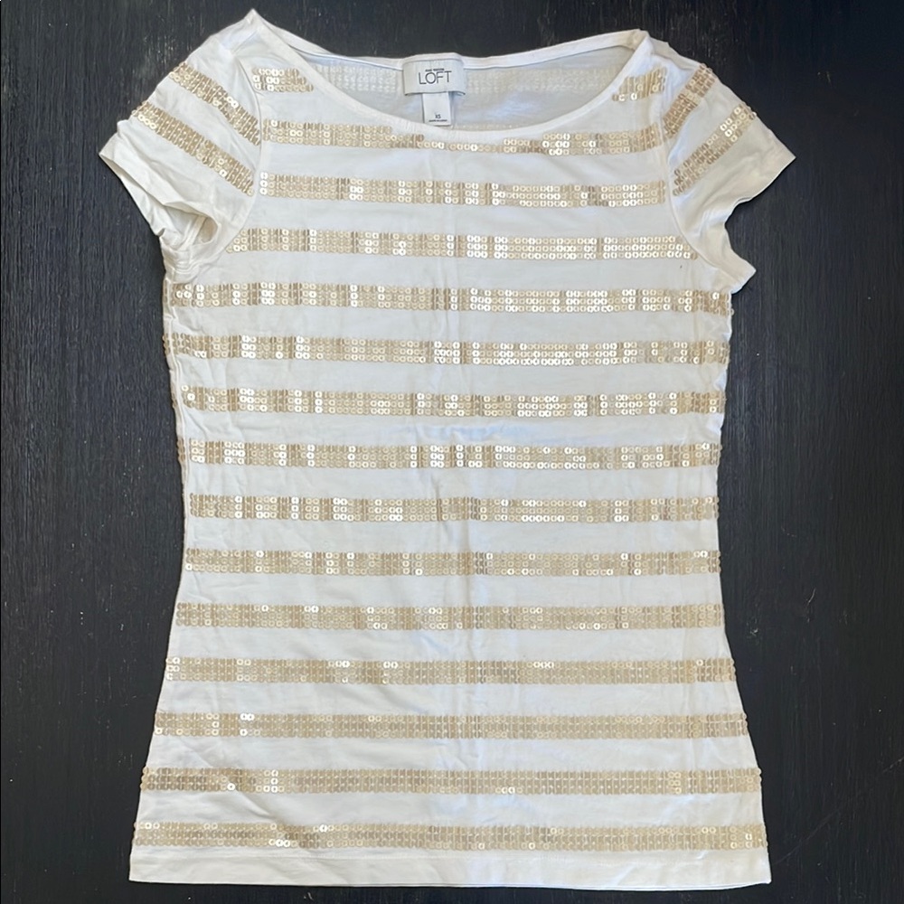 LOFT Gold and White Fitted Sequin T-Shirt